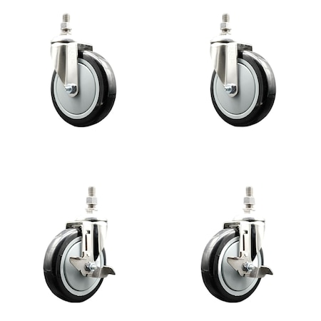 Service Caster 5 Inch 316SS Black Polyurethane Swivel 3/8 Inch Threaded Stem Caster Brake, 2PK SS316TS20S514-PPUB-BLK-381615-2-TLB2